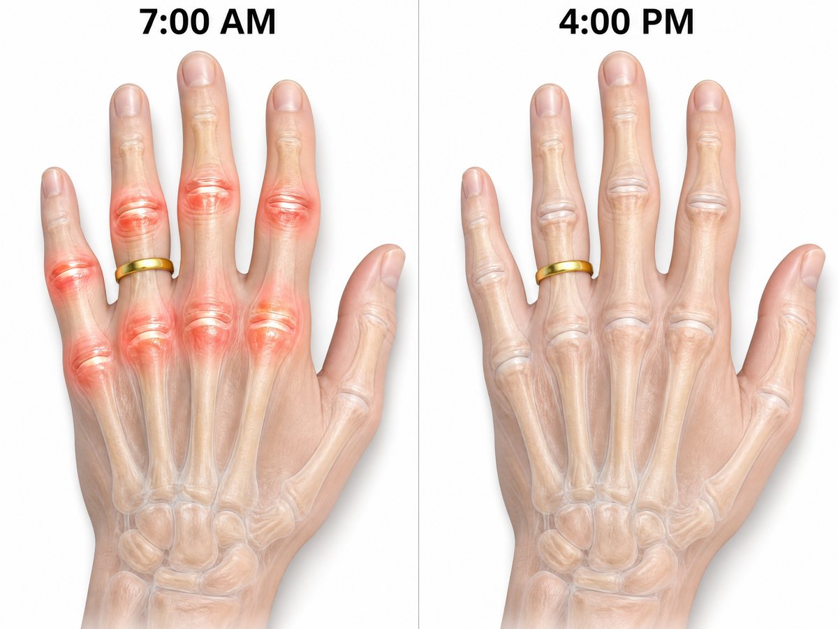 The same hand at 7 a.m. with swollen joint linings and at 4 p.m. calm