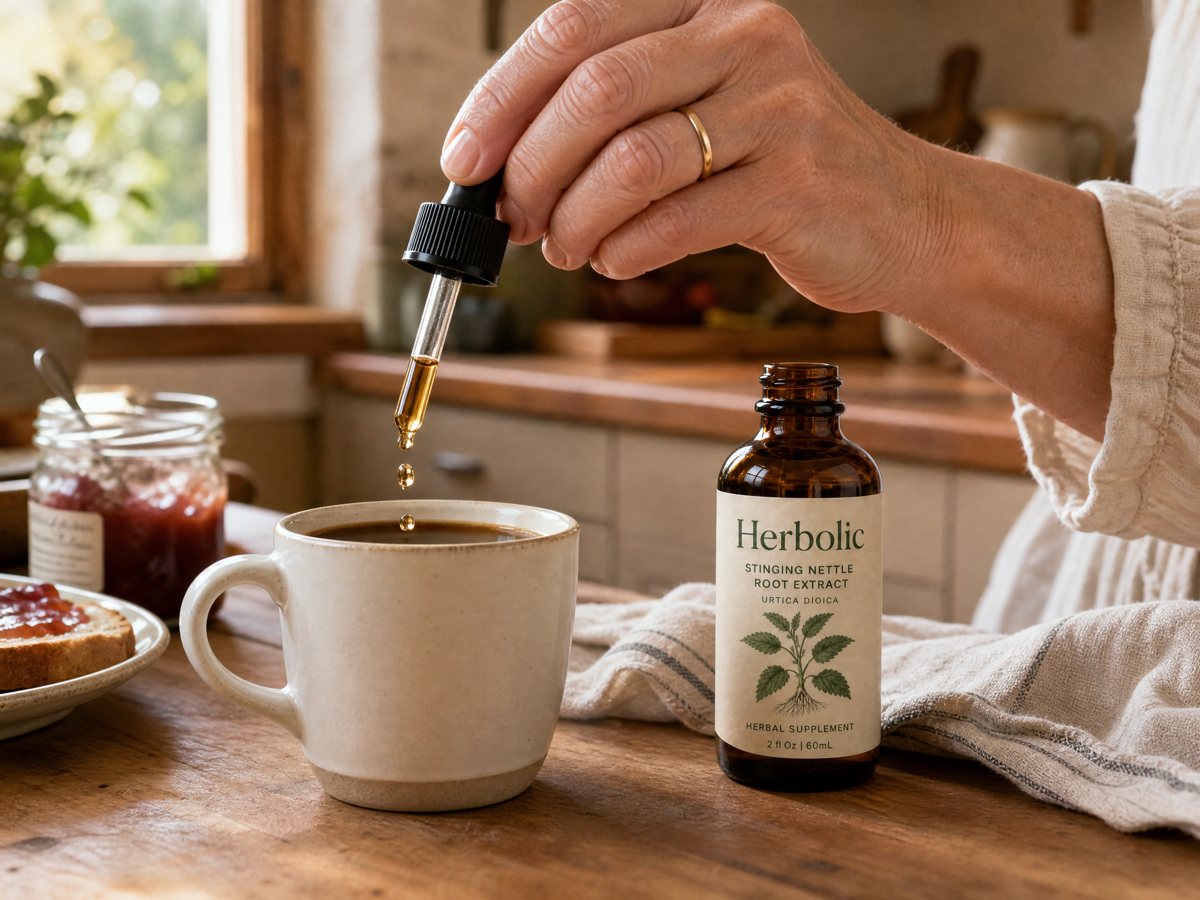 Herbolic stinging nettle drops being added to a cup of coffee