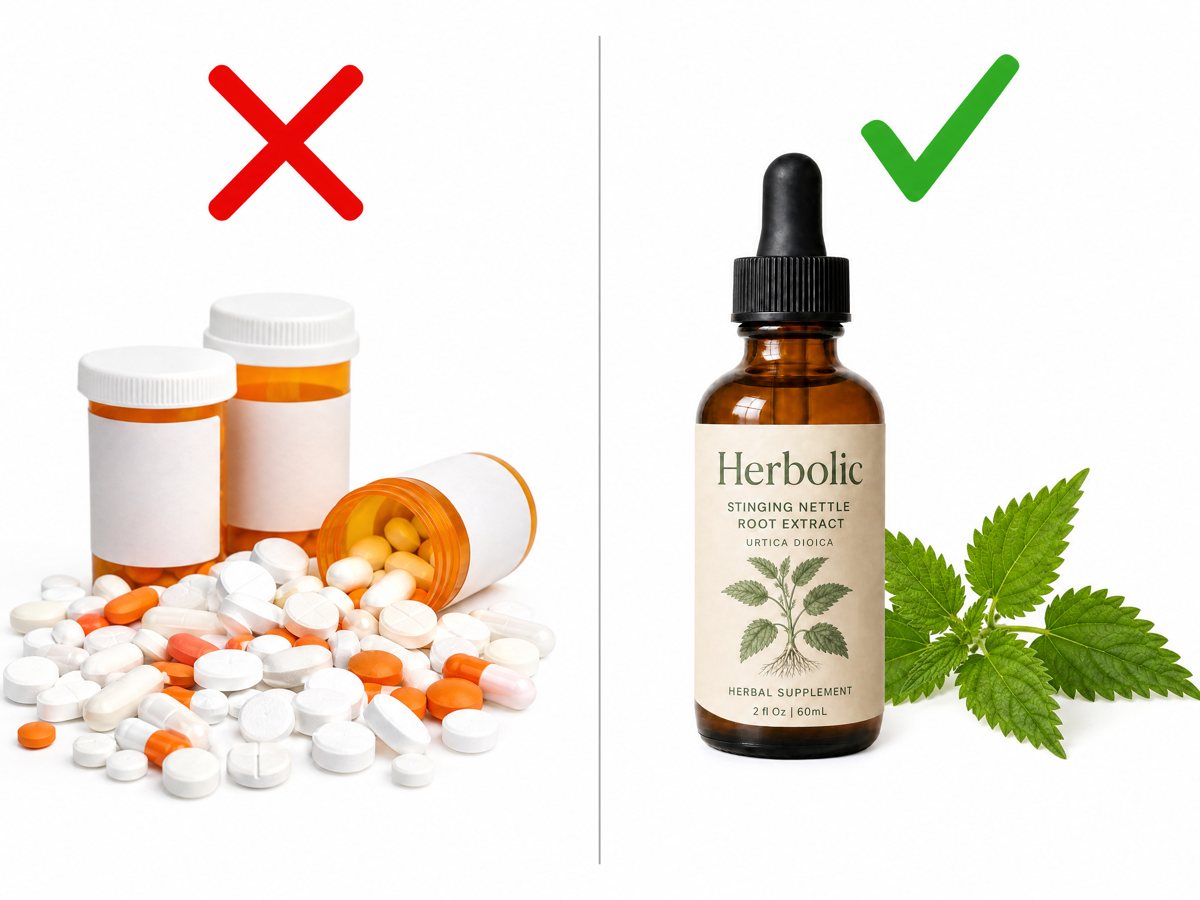 A pile of pills crossed out next to the Herbolic nettle drops bottle