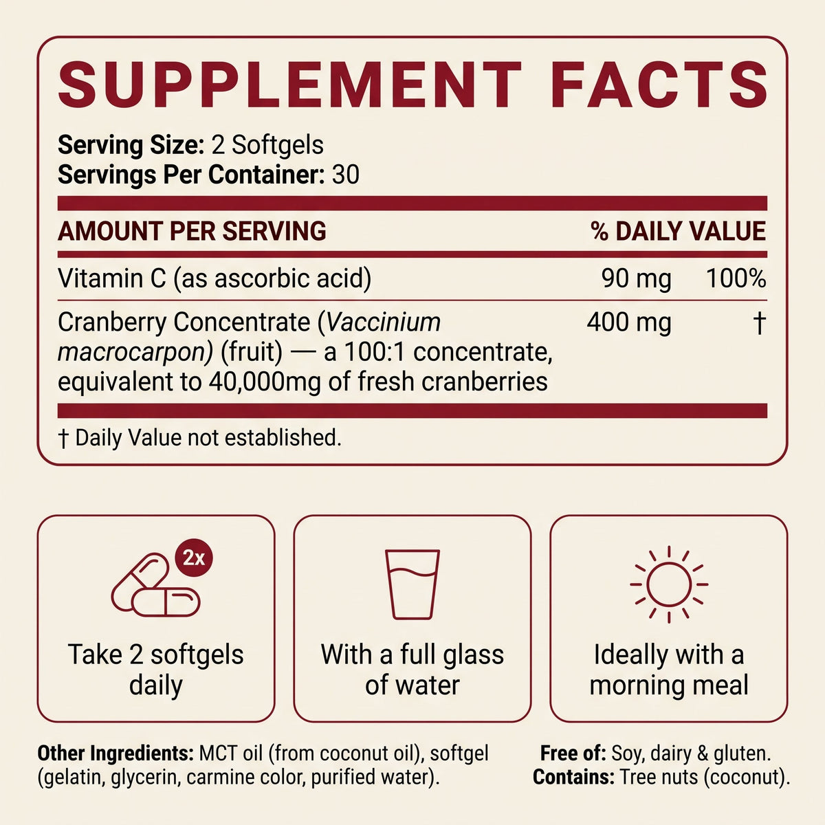 Supplement facts: 2 softgels, 30 servings