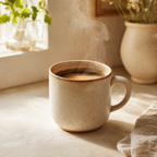 A steaming mug of coffee in soft morning light.