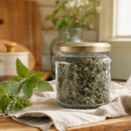 A glass jar with a lid on linen.