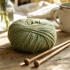 A ball of wool with wooden knitting needles.