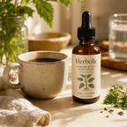 Herbolic bottle beside a morning coffee cup.