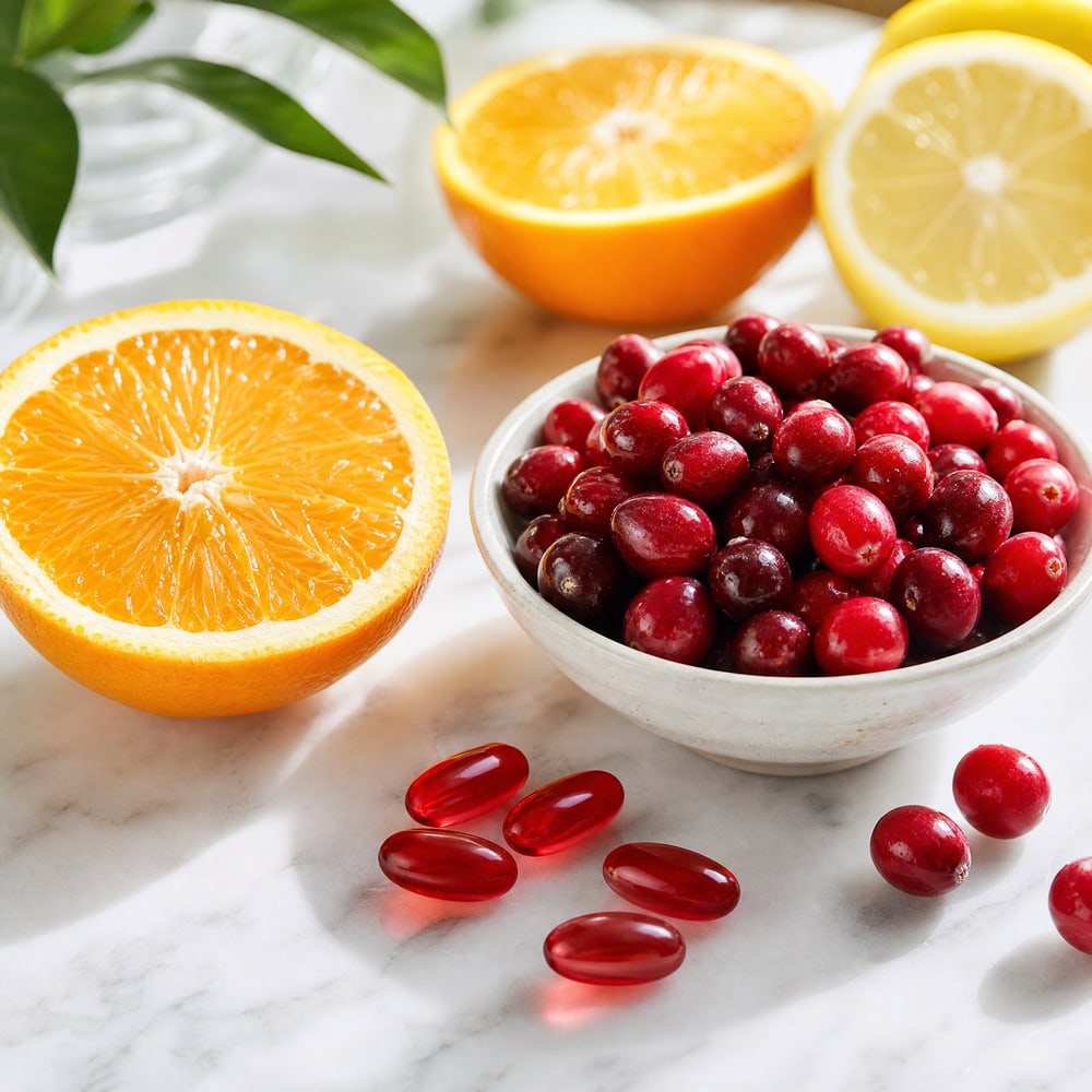 Fresh cranberries, citrus and red softgels