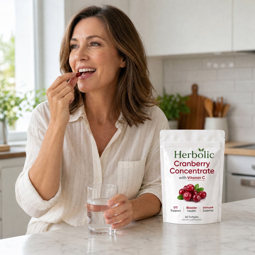 Woman taking a cranberry softgel with a glass of water