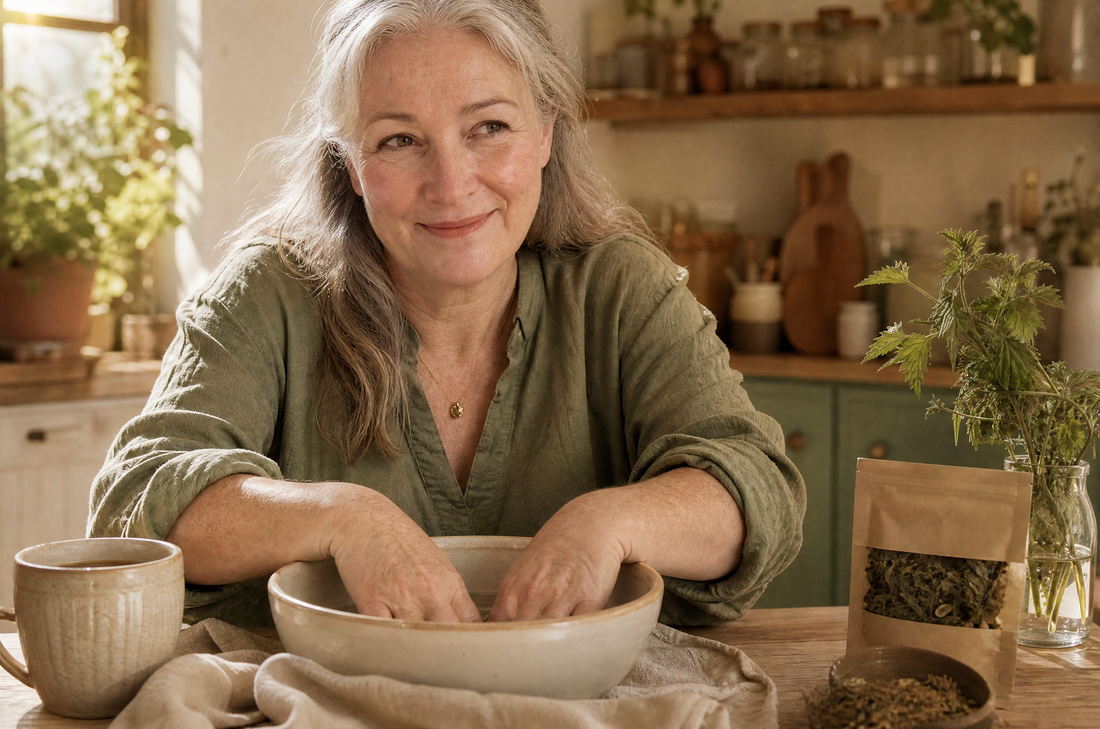 A woman in her sixties gently soaking her hands in a bowl of warm water.