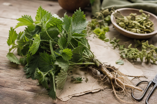 Fresh stinging nettle plant with leaves and roots on a rustic table.