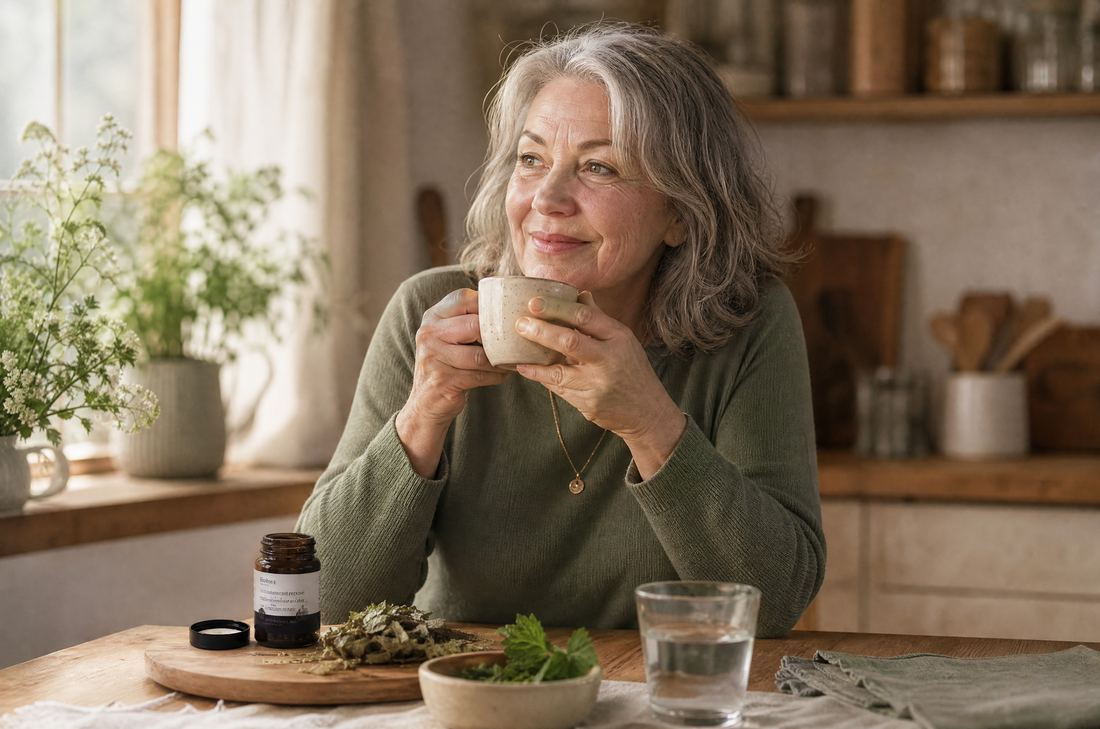 A woman in her sixties warming her hands around a coffee cup in the morning.