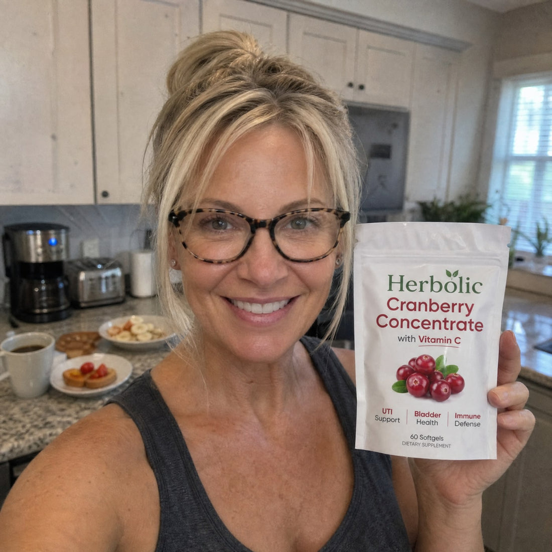 Woman in her 50s holding Herbolic Cranberry Concentrate