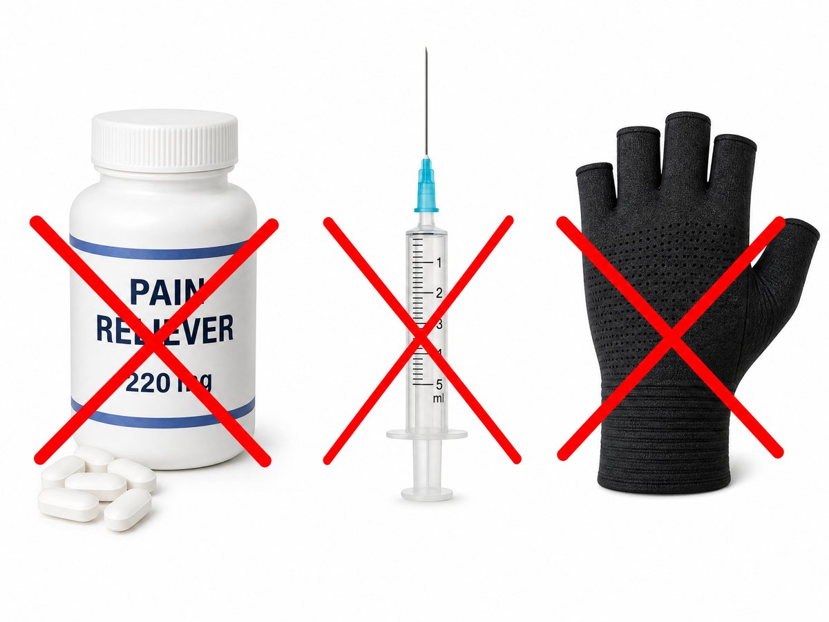Pain reliever, cortisone syringe and compression glove, each crossed out