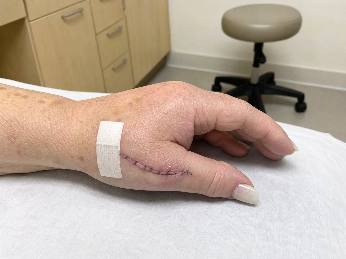 Hand with stitches at the base of the thumb after surgery