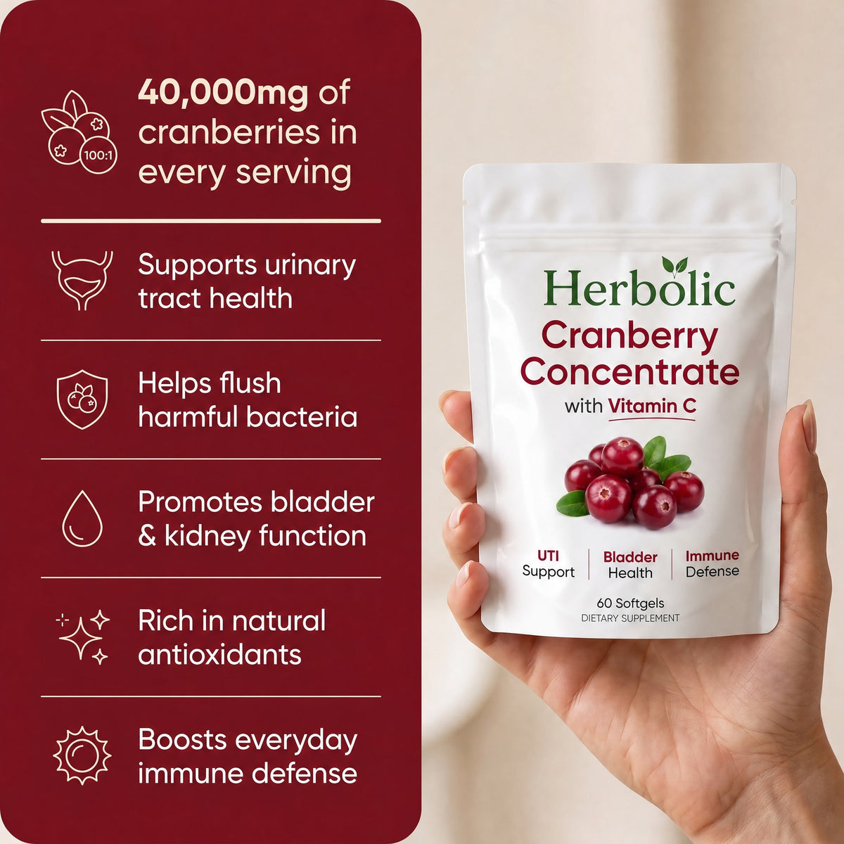 Hand holding Herbolic Cranberry Concentrate with its benefits listed