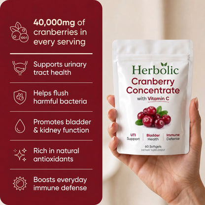 Hand holding Herbolic Cranberry Concentrate with its benefits listed
