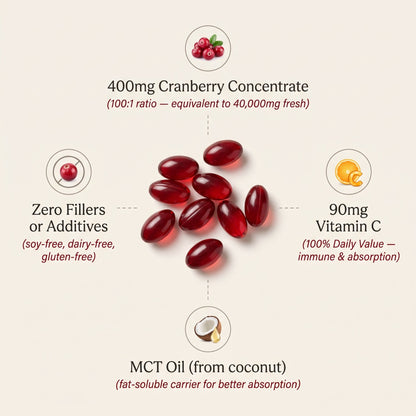 What is inside: 400mg cranberry concentrate, 90mg vitamin C, MCT oil