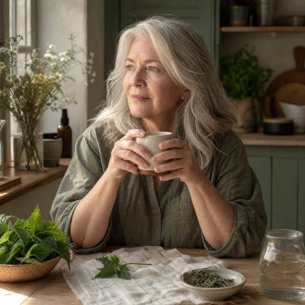 A woman in her sixties holding a coffee cup at a sunlit table.