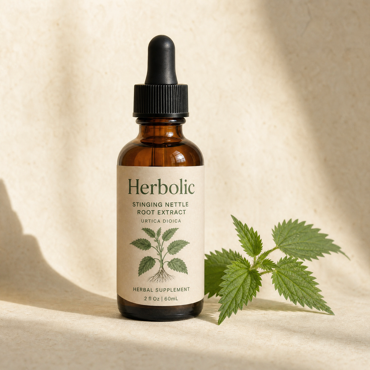 Herbolic bottle with a single nettle sprig.