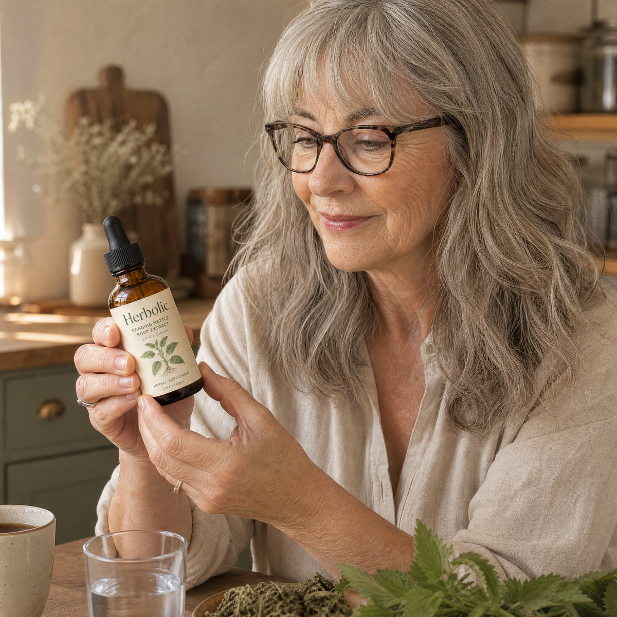 Older woman's hands reading the Herbolic label.