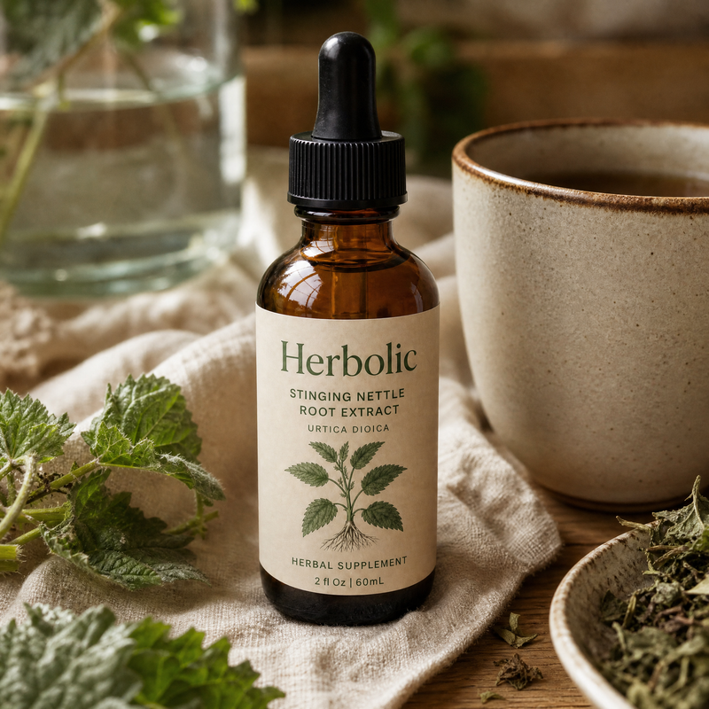 Herbolic bottle on linen beside a warm cup.