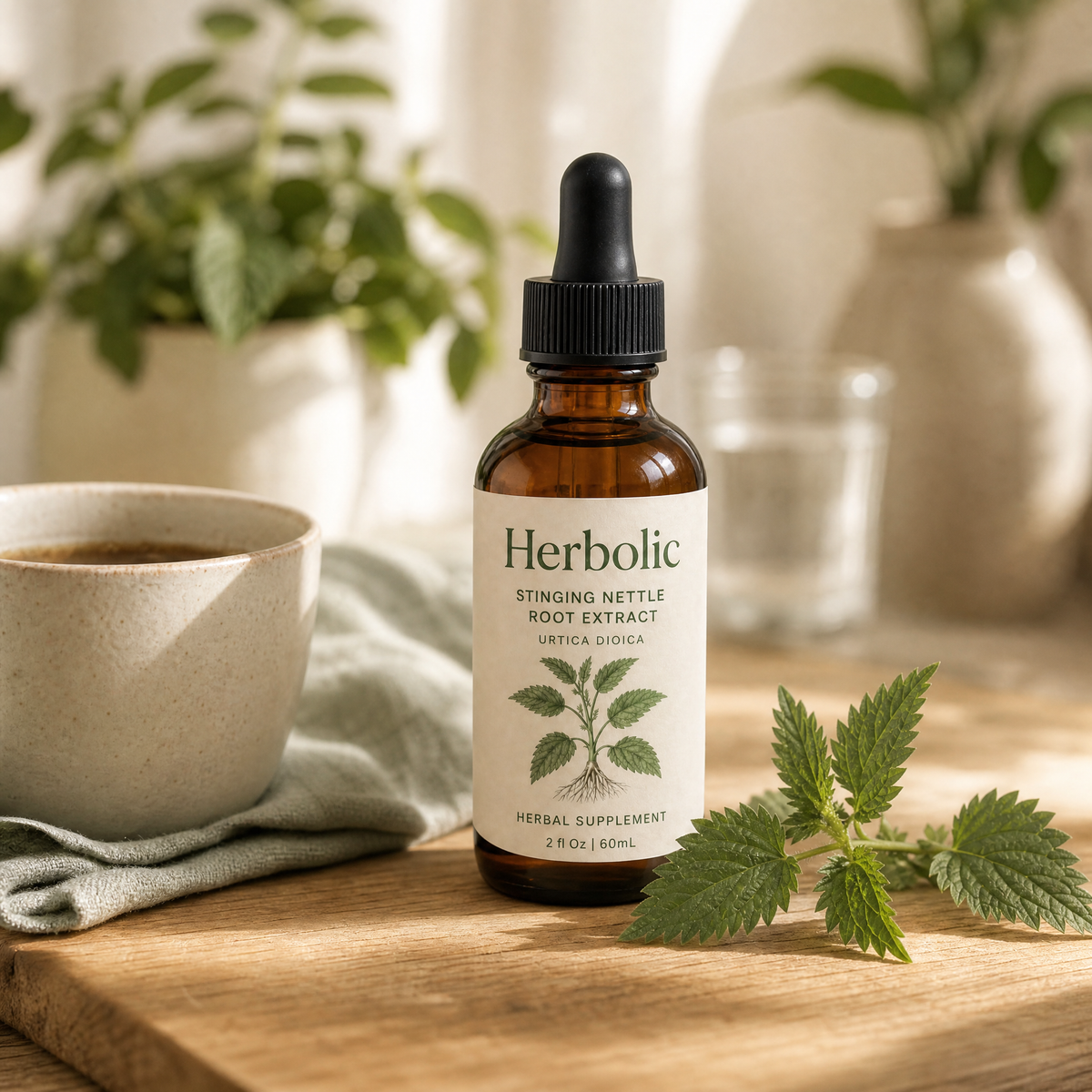 Herbolic bottle with a cup and nettle on wood.