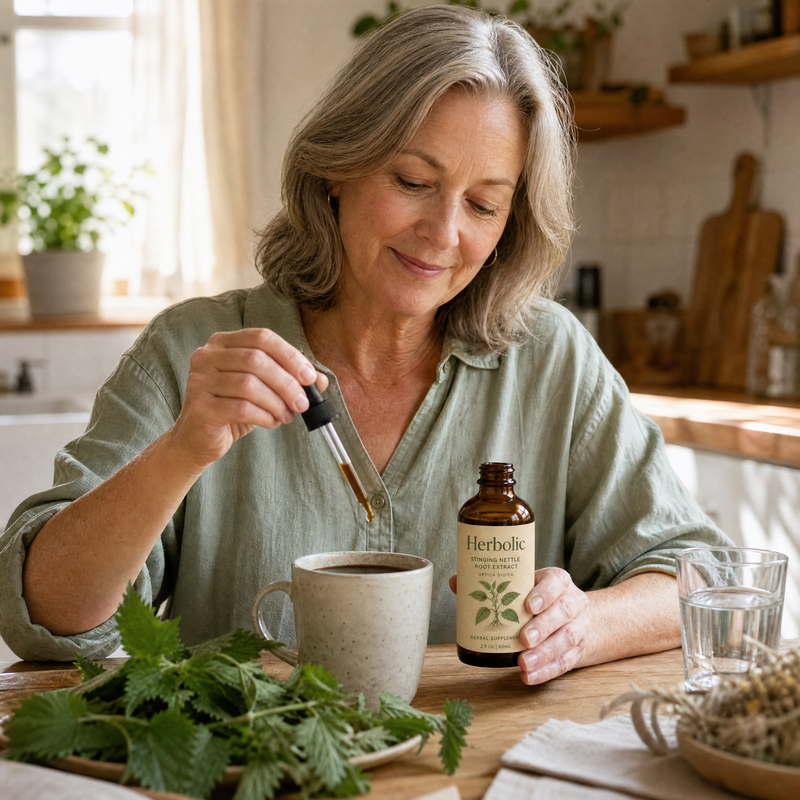 A woman in her sixties adding Herbolic to her morning coffee.