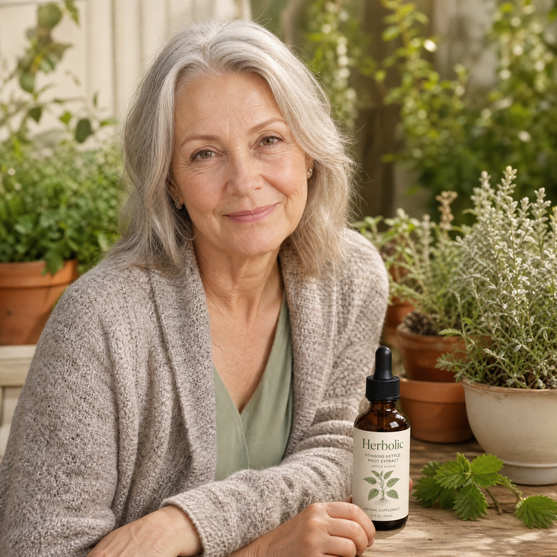 A woman in her sixties gardening with Herbolic on the potting bench.