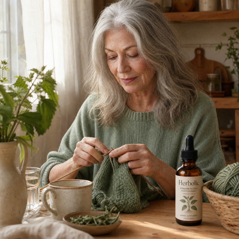 A woman in her sixties knitting comfortably by a window.