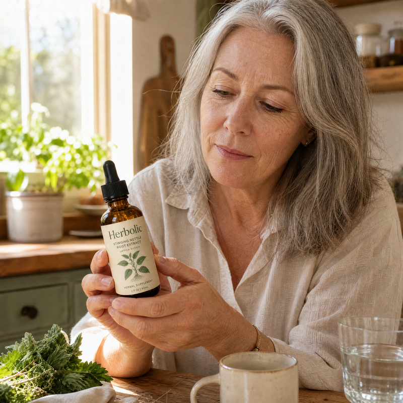 Older woman's hands holding and reading the Herbolic label.