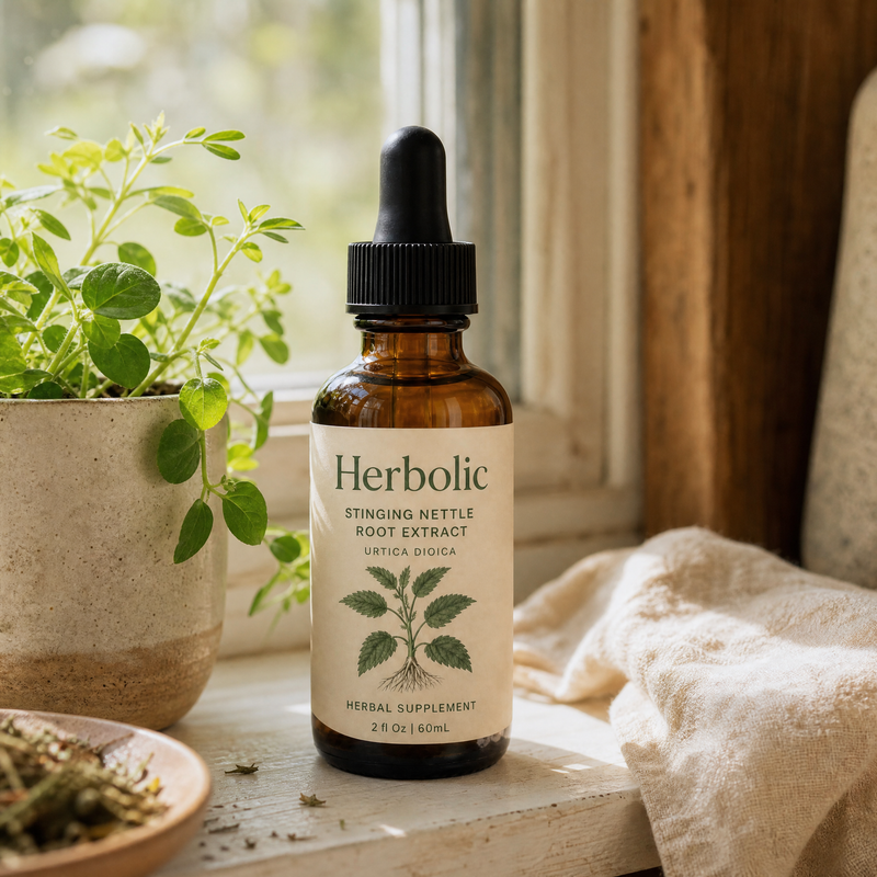 Herbolic bottle on a sunlit windowsill by a plant.