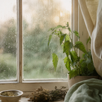 A rain-speckled window with warm light behind.