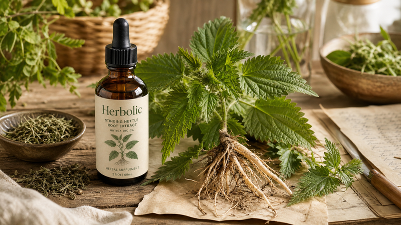 Fresh stinging nettle leaves and roots on wood.