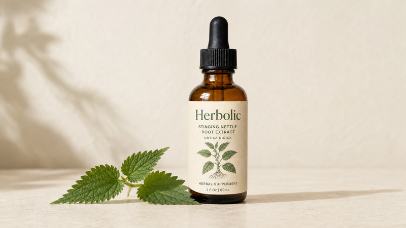 Herbolic bottle alone on cream with one nettle leaf.