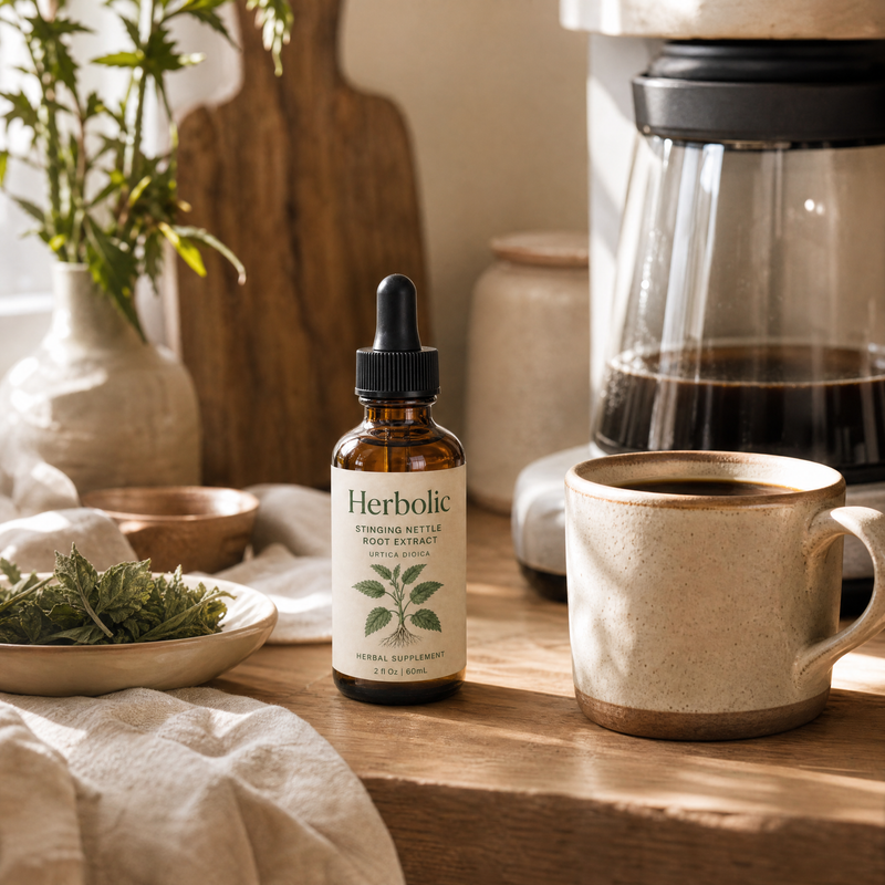 Herbolic bottle living by the coffee maker.