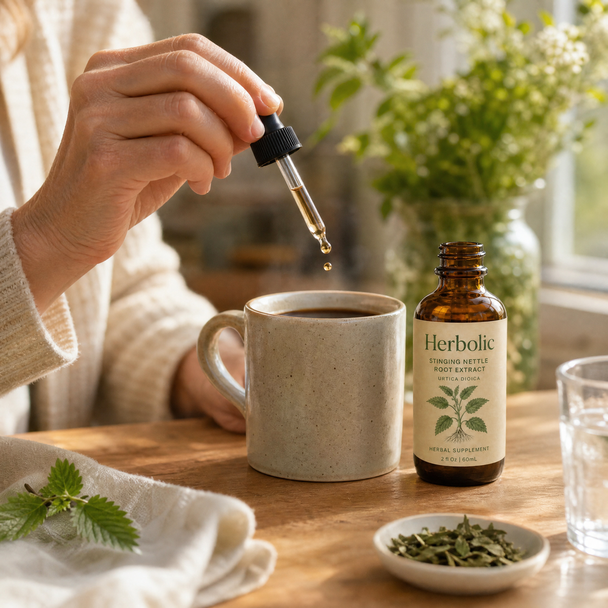 Herbolic drops being added to coffee, no pills.