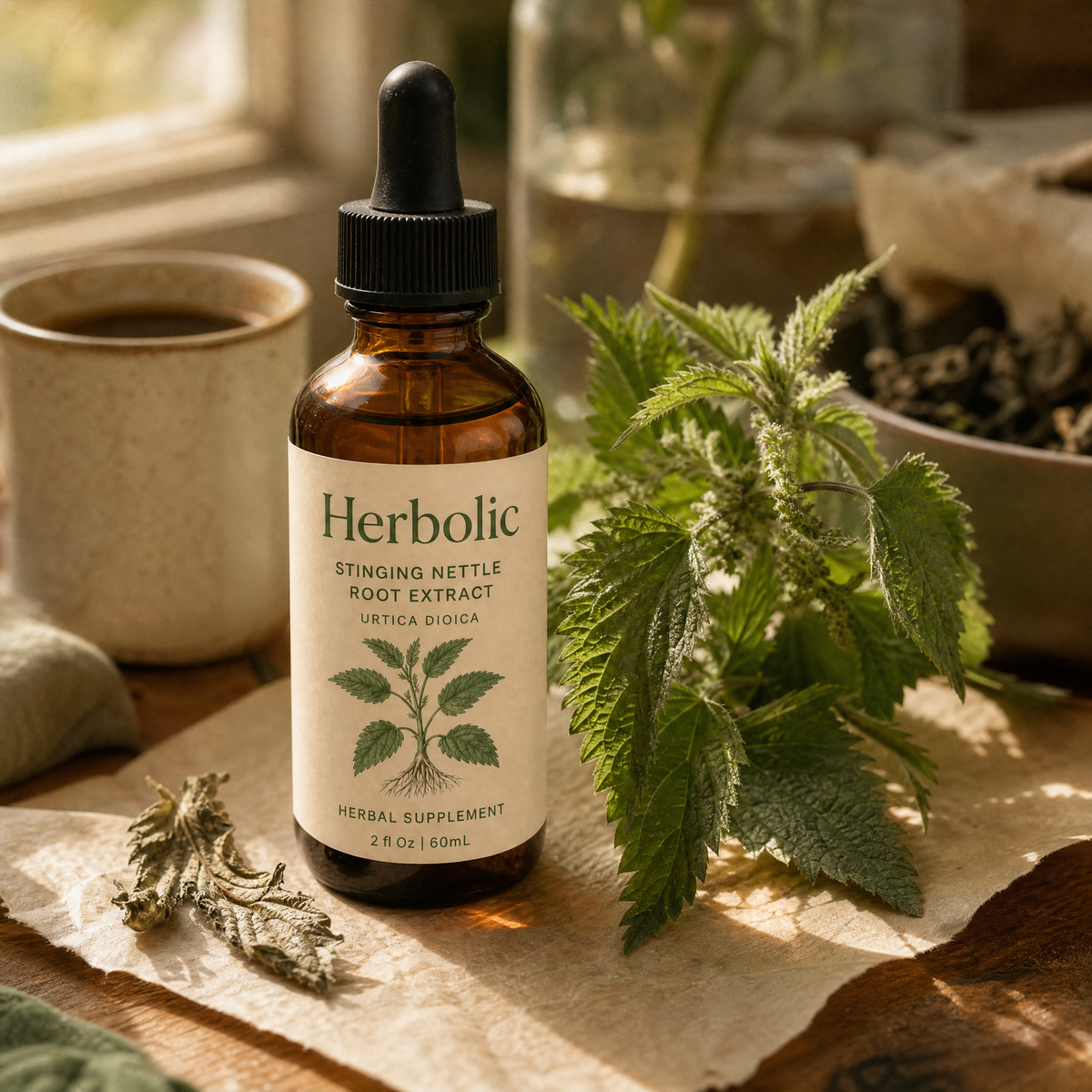 Herbolic bottle with fresh and dried nettle.