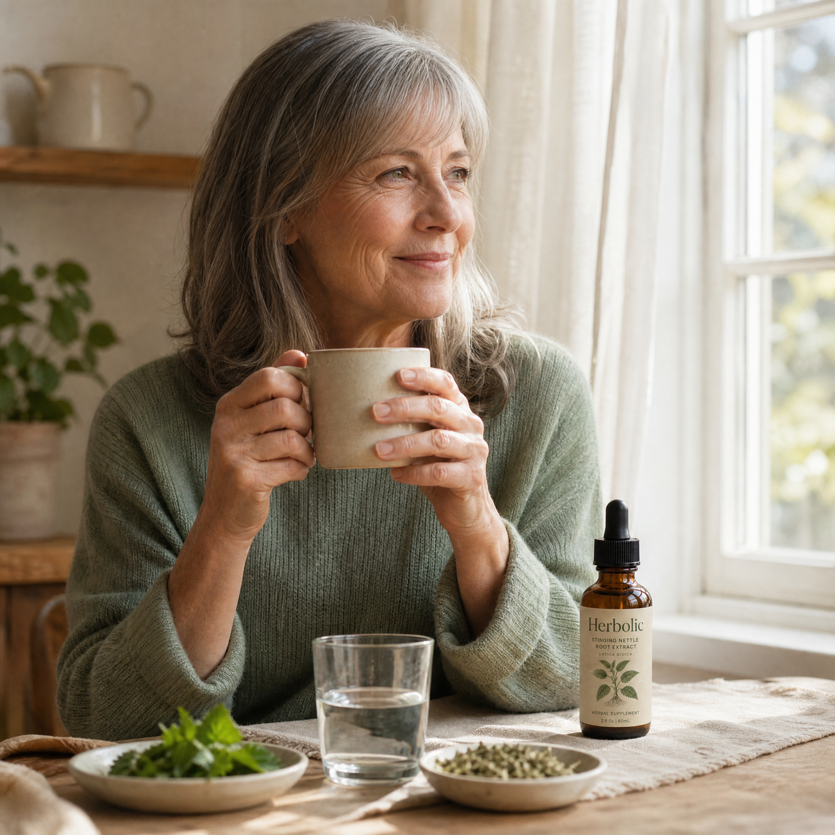 A woman in her sixties relaxing with a warm drink and Herbolic nearby.