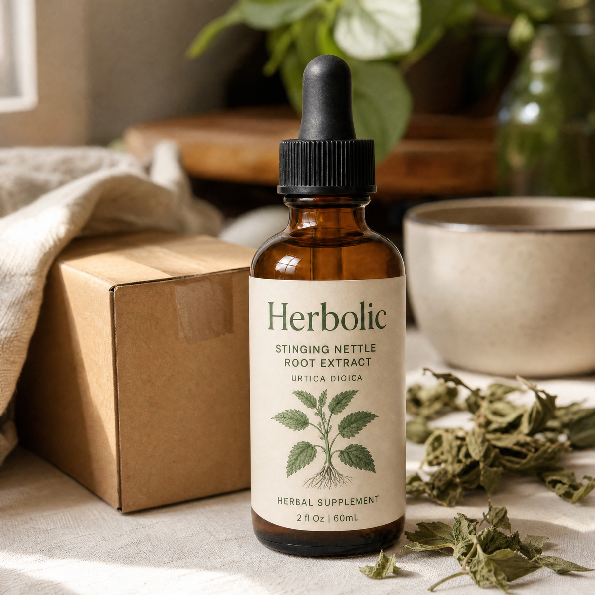 Herbolic bottle beside a small kraft shipping box.